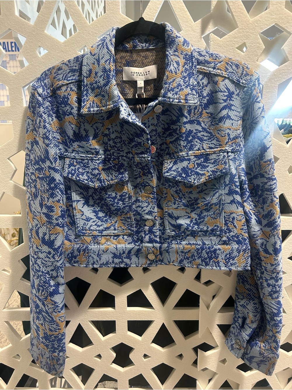 10 Crosby Derek Lam Blue and Gold Floral Jacquard Cropped Jacket